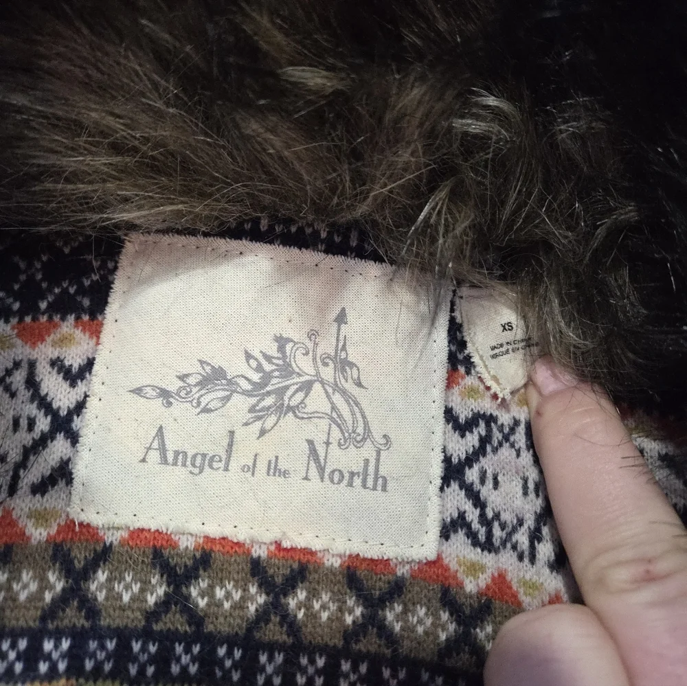 Anthro Angel of the North Faux Fur Collar Long Cardigan Lambswool Sweater XS - Picture 4 of 13